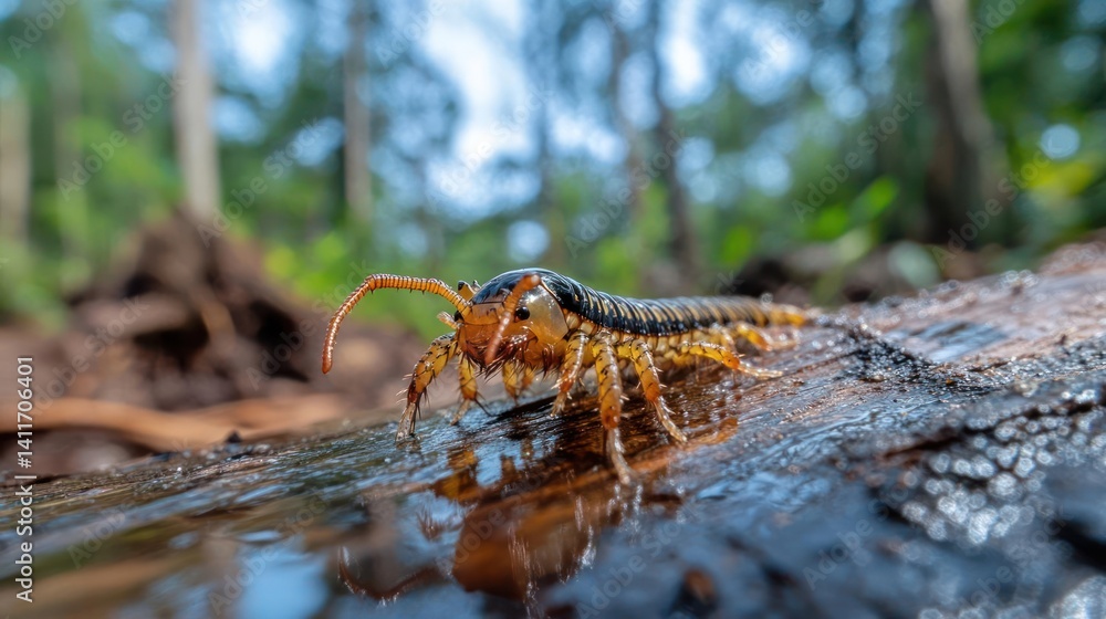 Poster macro shot of a golden and brown centipede walking across a glossy, dark brown log with blurred back