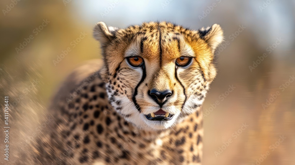 Poster close up shot of a cheetah looking directly at the camera in a wildlife setting. the animal's distin