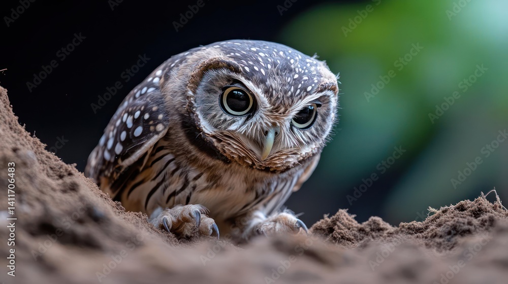 Poster captivating close-up of a mottled brown and white owl peering out from a earthen burrow. the owl fea