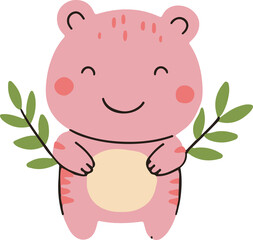 Fototapeta premium Adorable pink cartoon bear holding leafy branches, perfect for kids' illustrations, nursery art, baby shower designs, or cute animal-themed graphic projects.