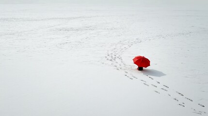 Tiny red umbrella in an endless white snowfield