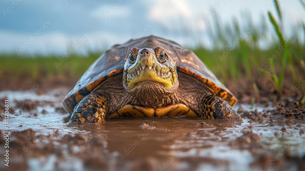 Poster A close up low angle shot of a yellow and brown turtle standing in mud with green grass in the background. The turtle is looking directly at the camera with a neutral expression under a cloudy sky