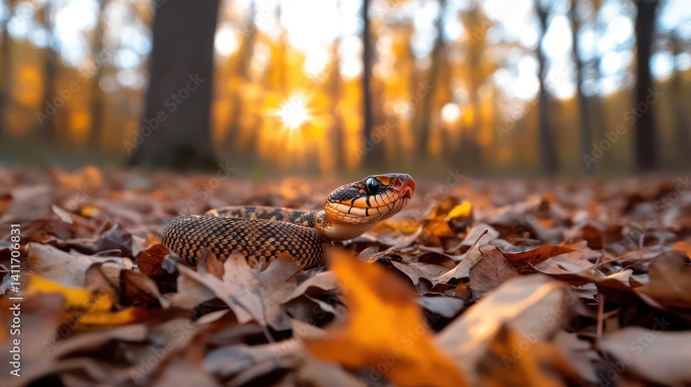 Aufkleber close up shot of a snake in a forest during autumn, the ground is covered in fallen leaves with warm