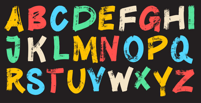 Grunge vintage font drawn with crayon or pencil. Vector kids alphabet letters with scratched texture. Hand drawn funky doodle alphabet letters colored for collages. Funny cute vector font.