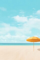 A beach scene with a yellow umbrella and a blue sky. Scene is calm and relaxing