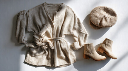 Folded oversized knitted cardigan accompanied by two matching hats and ankle boots on a light background, ideal for a relaxed autumn look during a casual outing