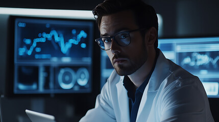 Lithium industry market analyst examining global demand trends on financial graphs. Featuring economic forecasting