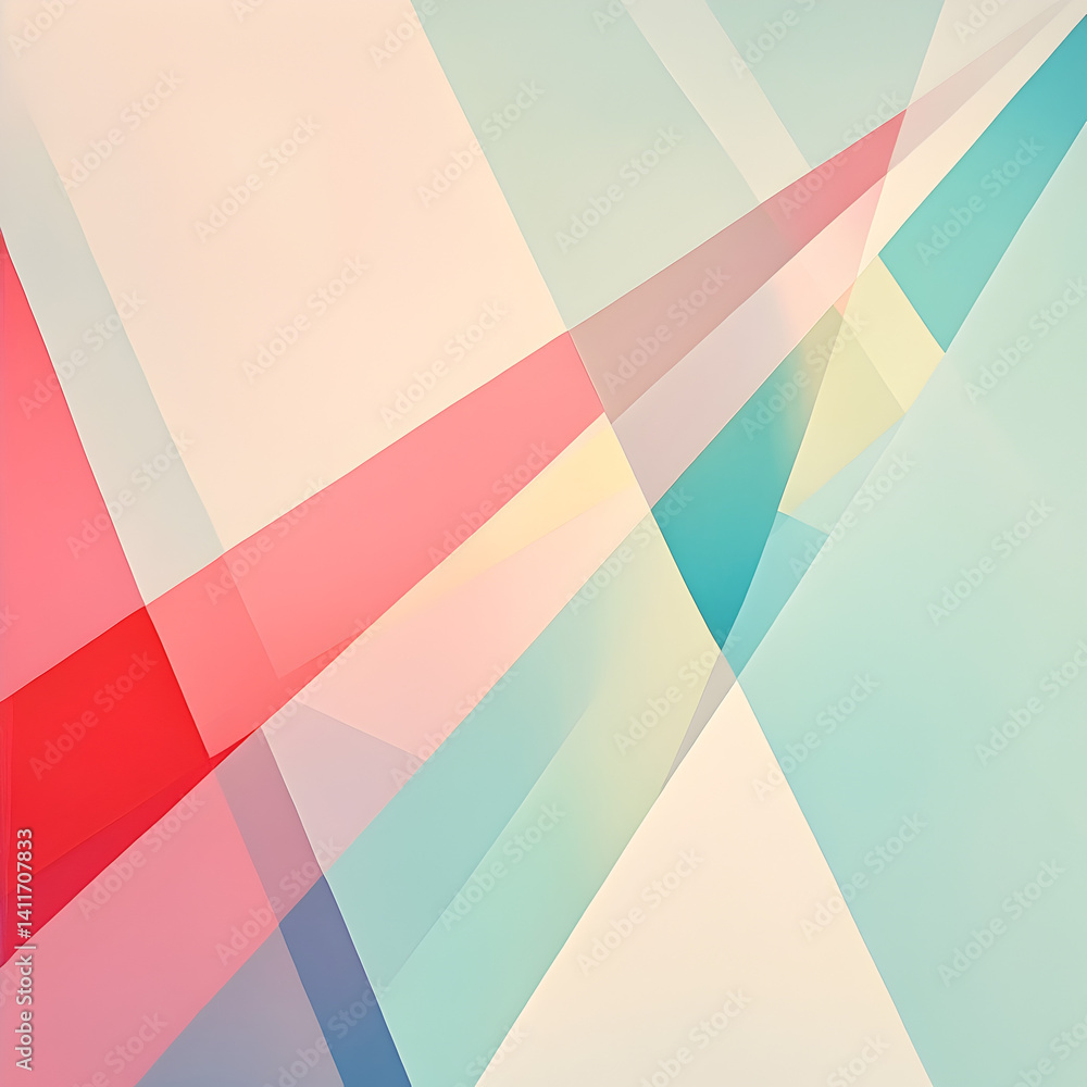 Poster abstract geometric composition: a vibrant dance of intersecting geometric shapes, lines, and colors.