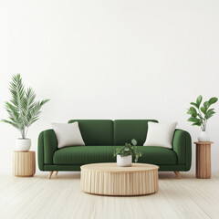 Modern Green Sofa in Minimalist Living Room with Plants and Table