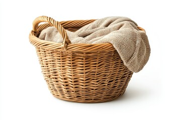Obraz premium Wicker basket with towel isolated on white background