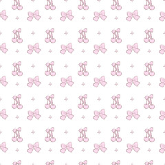 Coquette seamless pattern vintage pink cherries with ribbon bow