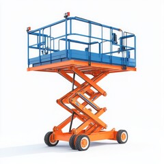 Isolated scissor lift with blue safety cage on a white studio background