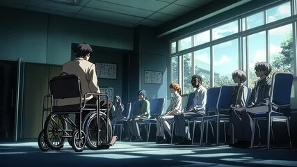 Animation portrays a man in a wheelchair addressing a group in waiting area scene - Powered by Adobe