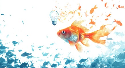 A goldfish swims in the ocean with a light bulb in its mouth