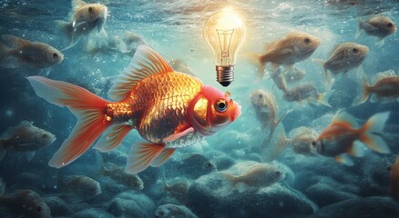 Fototapeta premium A goldfish swims in the ocean with a light bulb in its mouth