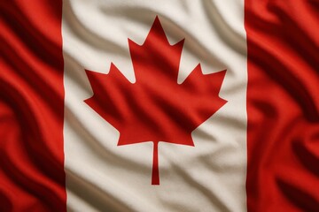 A detailed shot showcases the Canadian national flag, featuring a red maple leaf on a white field, bordered by red. Concept of: Canadian national symbol.