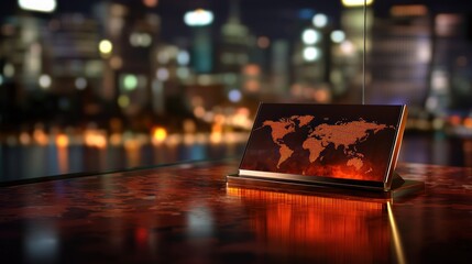 Illuminated world map on a table at night with city lights in the background