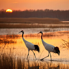 Cranes in a wetland at sunset, an ultra-realistic scene capturing the graceful birds