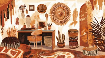 A warm and earthy interior scene with boho-style decorations.
