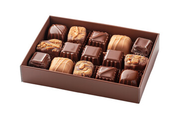 Decadent assortment of artisan chocolates arranged beautifully in a rich brown box, perfect for celebrations or gifts isolated on transparent background