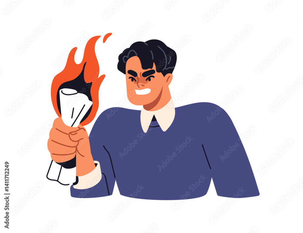 Poster angry business man squeezing paper document. furious bad-tempered employee irritated with bureaucrac