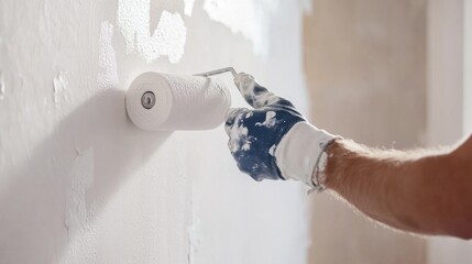 Painter applying second coat of paint. Indoor home renovation site