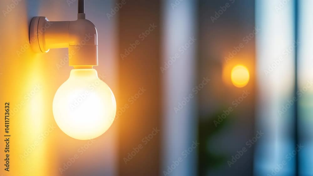 Poster glowing light bulb mounted on wall casting warm and inviting glow in softly blurred background, scen