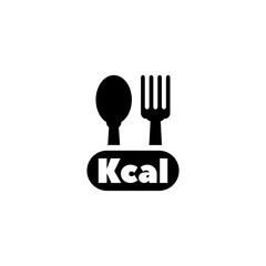 Simple black and white vector icon representing calorie counting with utensils and Kcal text