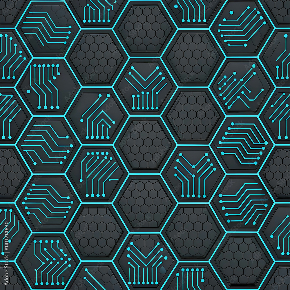 Poster futuristic hex grid tech pattern seamless vector, featuring a sleek, geometric design with hexagonal