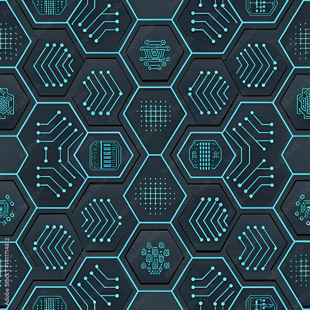 Aufkleber futuristic hex grid tech pattern seamless vector, featuring a sleek, geometric design with hexagonal
