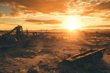 Post-Apocalyptic Desert Landscape with Rusted Machinery Under Dramatic Sunset Sky, Generative AI