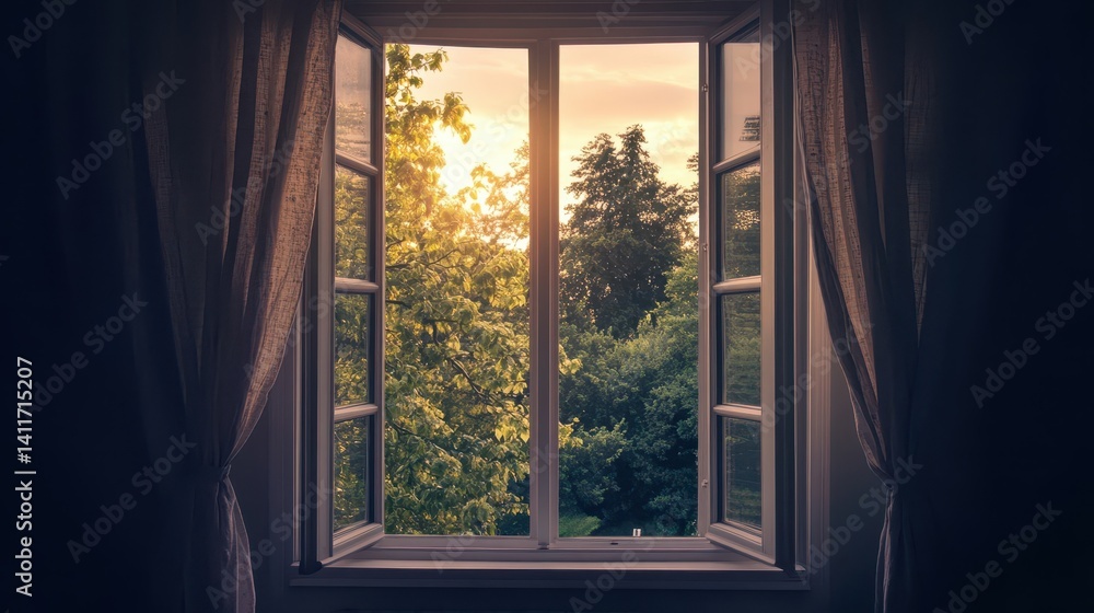 Poster sunset view through an open window.