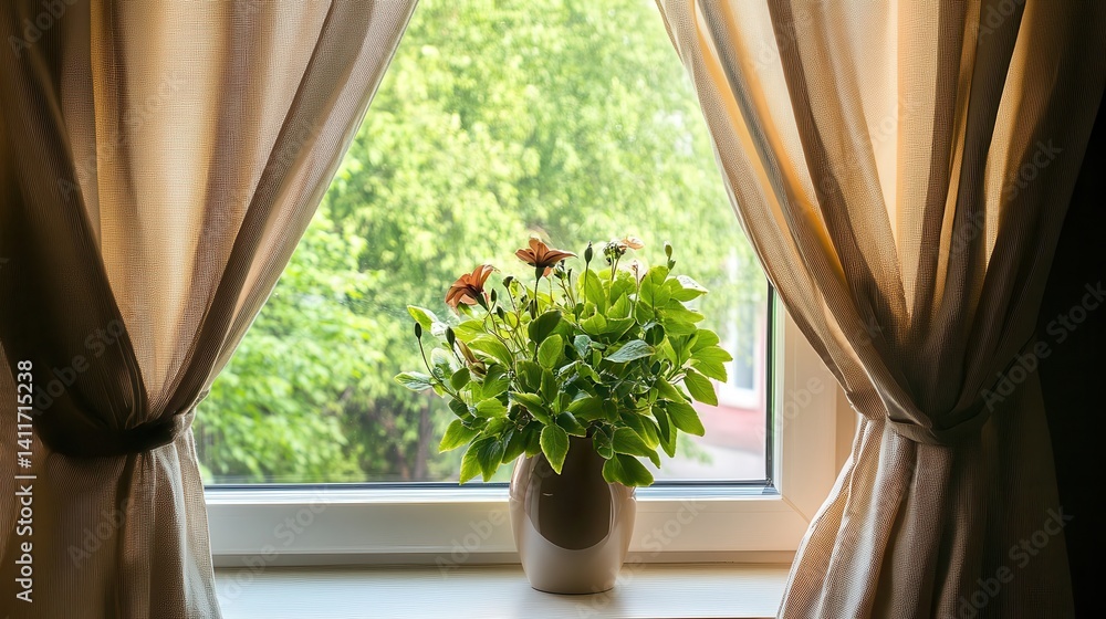 Poster sunlight streams through window adorned with a vase of flowers.
