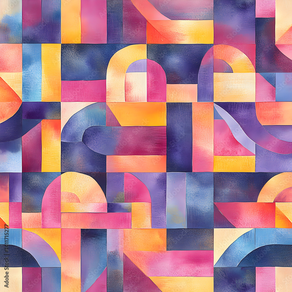 Poster geometric harmony: a vibrant composition of intersecting shapes and forms dances across the canvas, 