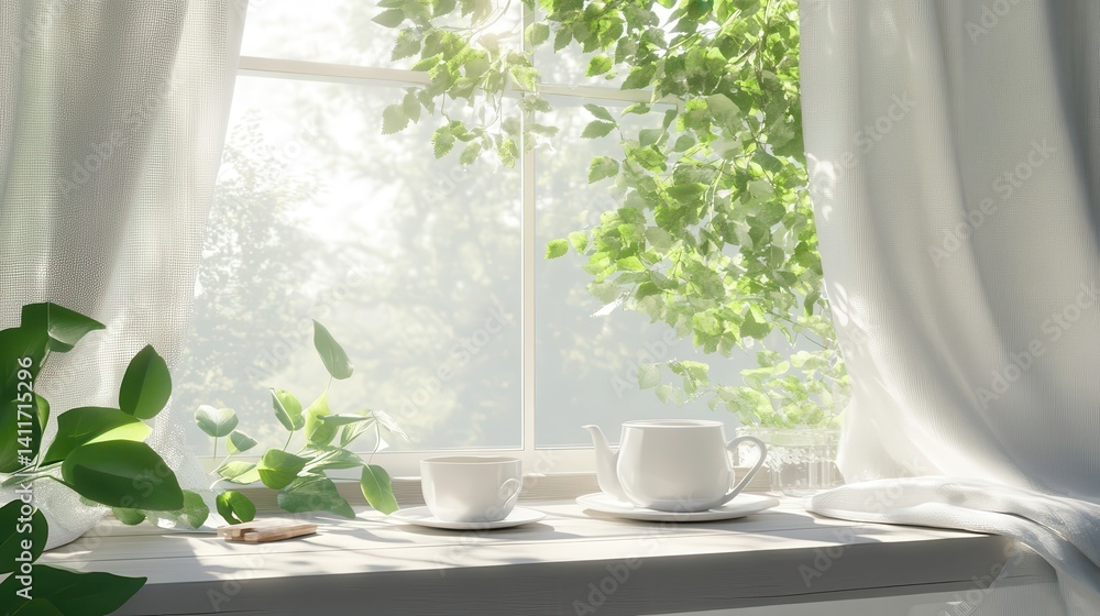 Poster sunlight streams through a windowsill adorned with greenery and white china.