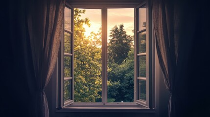 Fototapeta premium Sunset view through an open window.