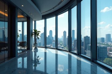Sweeping view of modern skyscraper office interior, angle, ambition, design