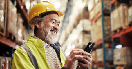Supply chain, smile and man in warehouse, smartphone and connection with import. Mature person, mobile user or employee in manufacturing, cellphone and digital app for email, communication or export