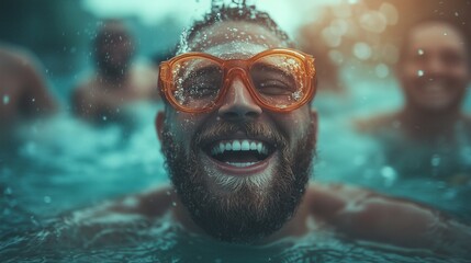 Fototapeta premium Joyful man smiling while swimming in a pool with friends during a sunny afternoon