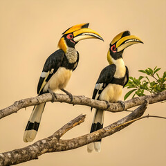 Obraz premium Great hornbills, front-facing full-body view of two majestic hornbills perched together, showcasing their large, colorful beaks and striking black and yellow plumage against a lush forest backdrop.