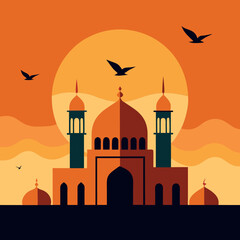Golden hour mosque vector with birds flying 