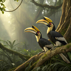 Great hornbills in a Southeast Asian jungle, a dramatic scene with the majestic birds perched on towering trees, surrounded by lush greenery and vibrant tropical foliage.
