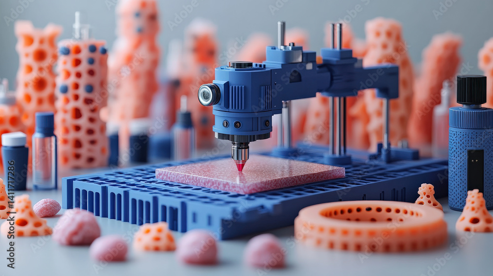 Fototapete 3d bioprinting device with nozzle and gel chamber is actively printing complex structure. scene incl