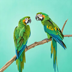 Naklejka premium Green parrots, Caribbean, bright full-body view of vibrant green parrots perched on tropical branches, 