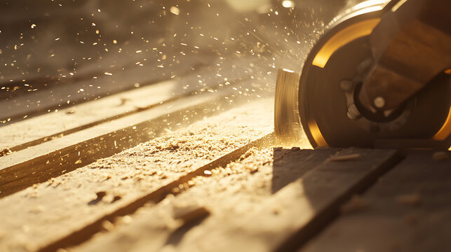 Carpenter using a circular saw to cut wooden planks. Featuring precision and technique