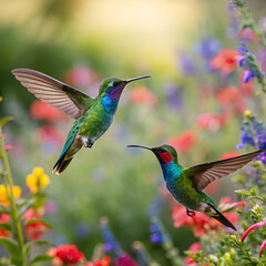 Fototapeta premium Hummingbirds, full-frame image of two hummingbirds in flight, captured mid-hover with iridescent feathers shimmering in the light, surrounded by vibrant flowers and lush greenery.
