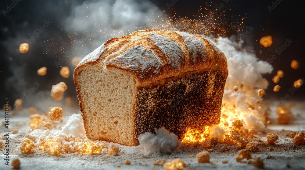 Aufkleber loaf of bread is artistically depicted with dramatic explosion of flour and crumbs, creating dynamic and energetic scene. bread texture and golden crust are highlighted against dark background