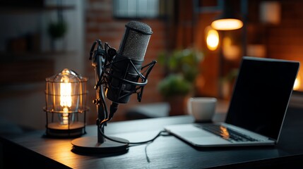 Close‑up of modern home podcast studio workspace with cardioid microphone, open laptop, and illuminated red “ON AIR” sign lamp on wooden desk under warm ambient lighting