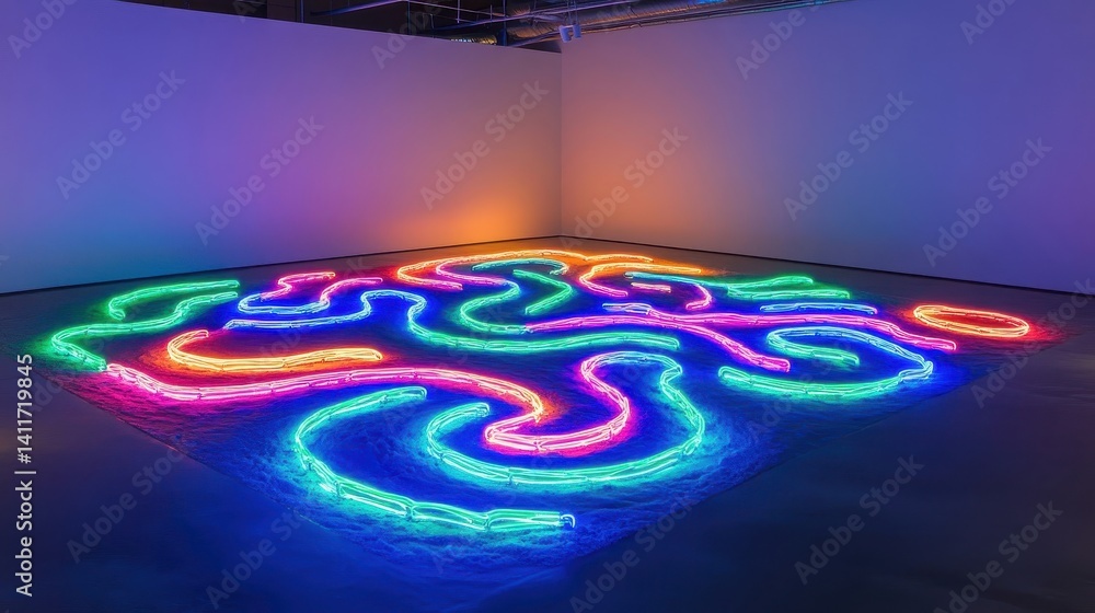 Poster multicolored neon maze patterns illuminate a gallery floor.