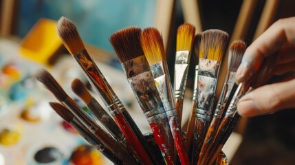 Fototapeta premium Painter cleaning brushes after painting. Indoor studio setup